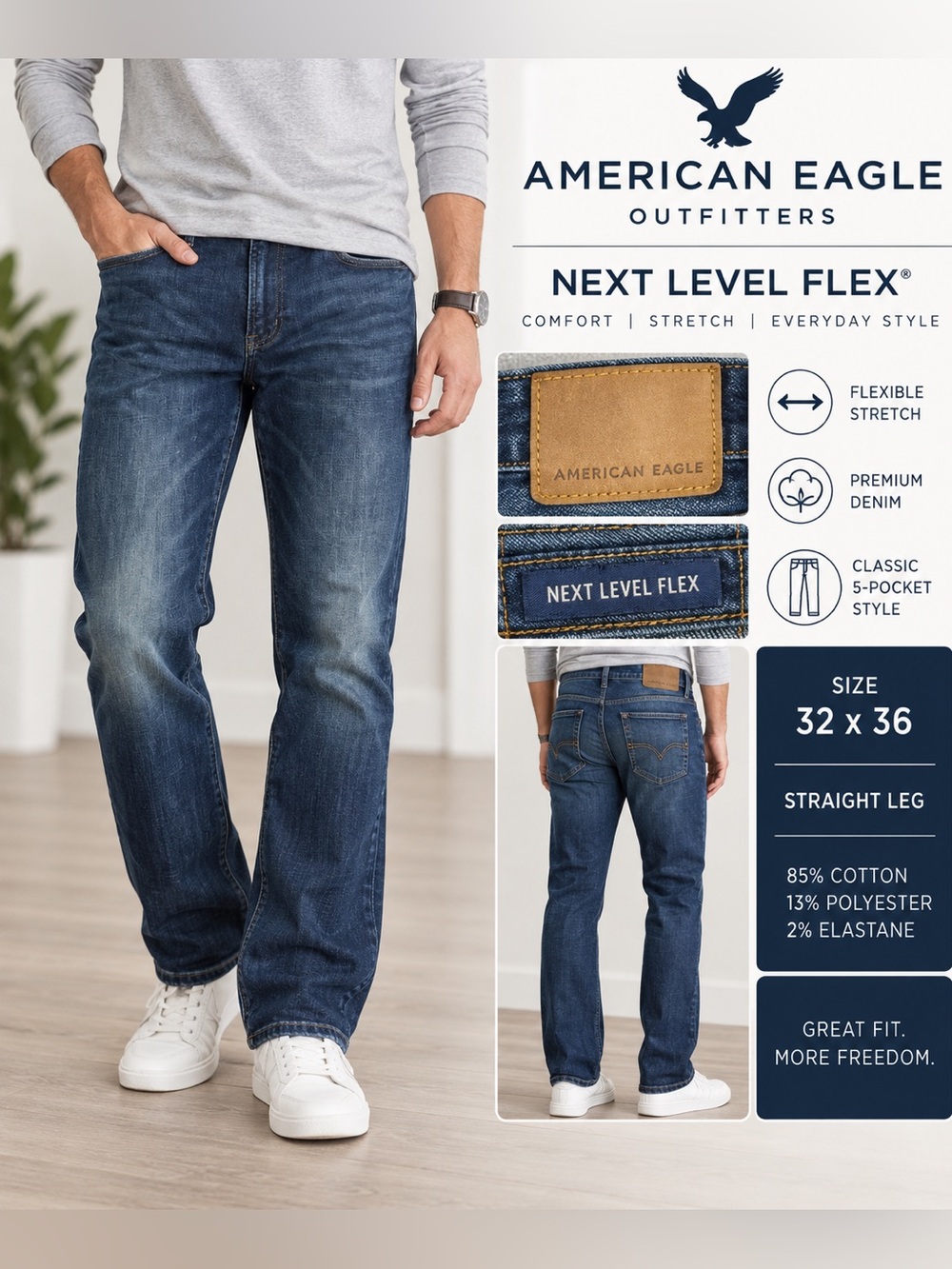 American Eagle Next Level Flex Jeans Mens 32x36 Dark Wash Straight Stretch